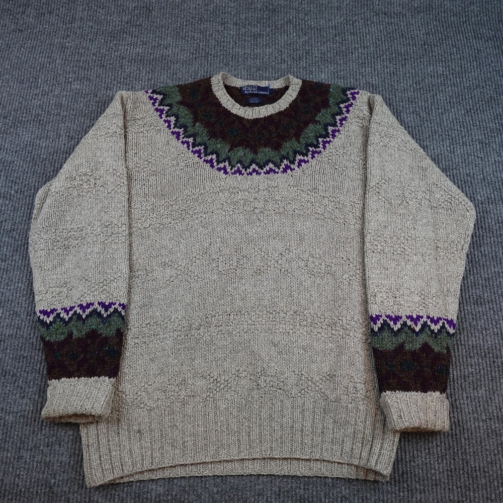 Vintage Polo Ralph Lauren Sweater Mens XL Fair Isle Hand Knit Wool Silk Linen